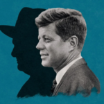 Book cover detail showing a photographic portrait of John F. Kennedy alongside a silhouette of Winston Churchill.