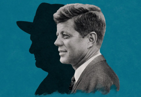 Book cover detail showing a photographic portrait of John F. Kennedy alongside a silhouette of Winston Churchill.