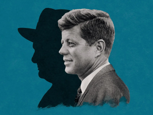 Book cover detail showing a photographic portrait of John F. Kennedy alongside a silhouette of Winston Churchill.